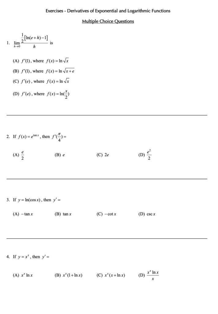 Derivatives of Exponential and Logarithmic Functions